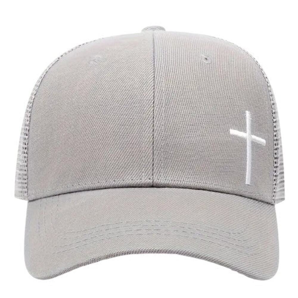 2FOR$30 - Gray Adjustable Mesh Snap Back Cap w/ White Embroidered Cross, Unisex
